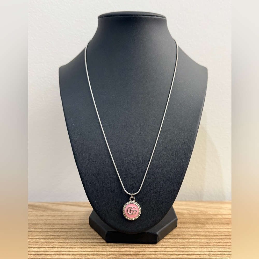 Upcycled Gucci Silver and Pink Logo Pendant on 20unch Necklace Chain